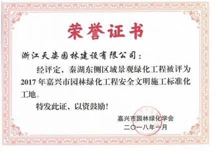 2018年秦湖東側(cè)區(qū)域景觀(guān)綠化工程獲嘉興市園林綠化工程安全文明施工標(biāo)準(zhǔn)化工地